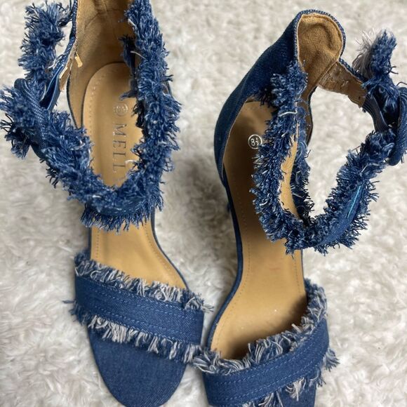Melly Kanden Blue Denim fringe ankle strap heels sandals size 8.5 - Picture 4 of 9